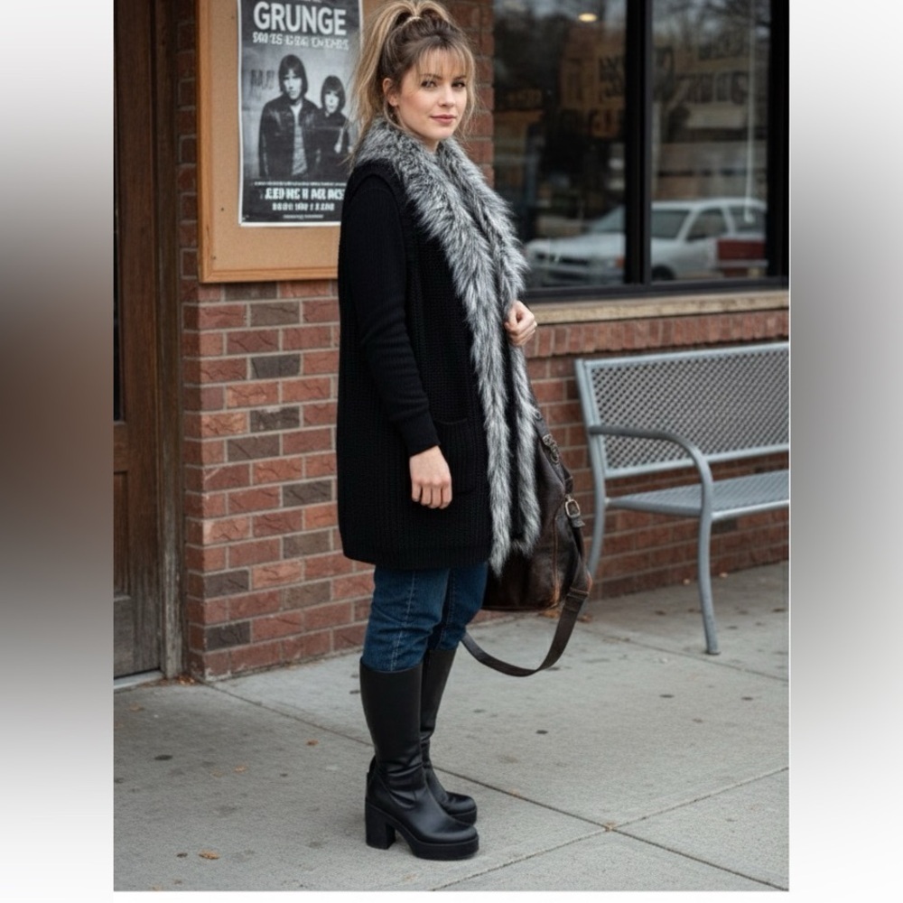 Jessica Simpson Women’s Black Knit Sweater Vest Faux Fur Trimmed XL MobWife